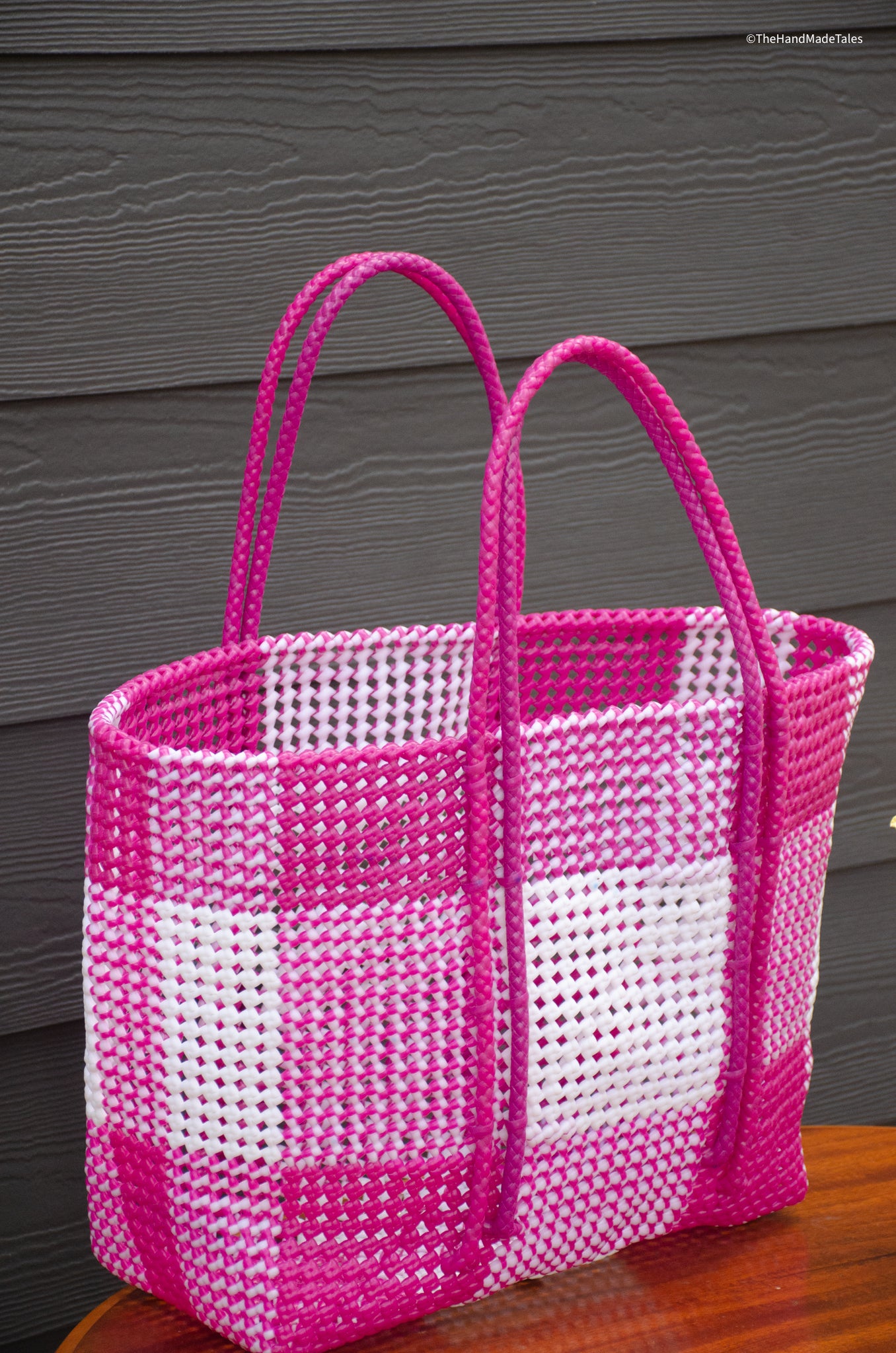 Pink Checkers - Large Market bag, South Indian Wire Koodai