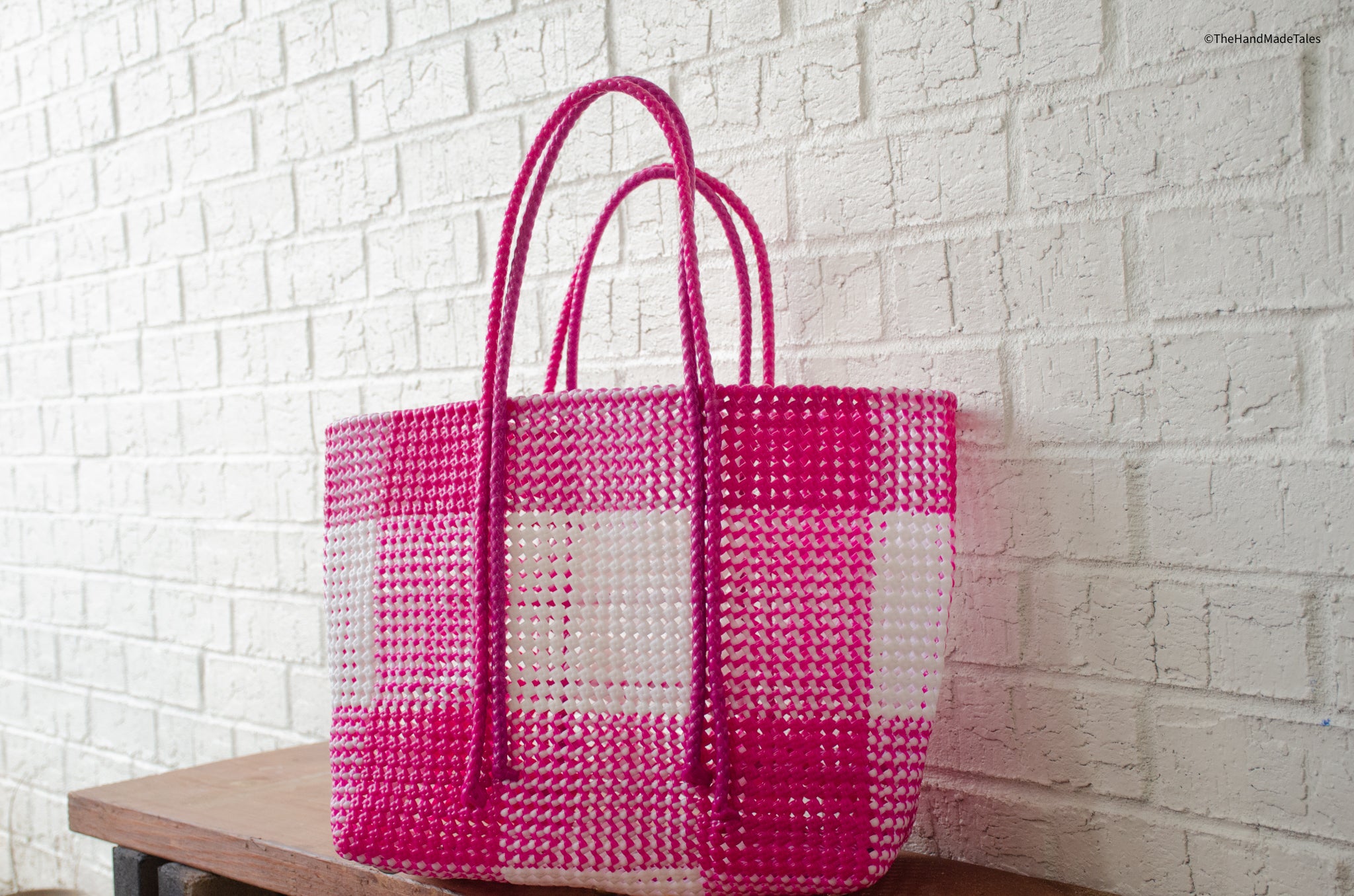 Pink Checkers - Large Market bag, South Indian Wire Koodai