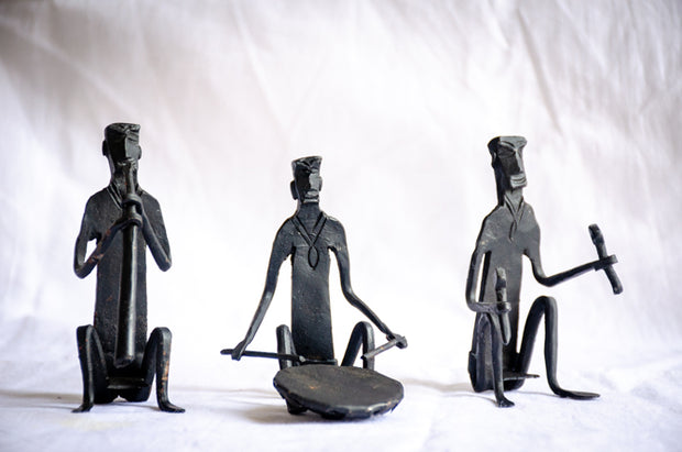 Ritual Ensemble - Modern Tribal Musician Sculpture, Matte Black Metal Art, Cultural Collectible Decor, Handmade Musician Trio.