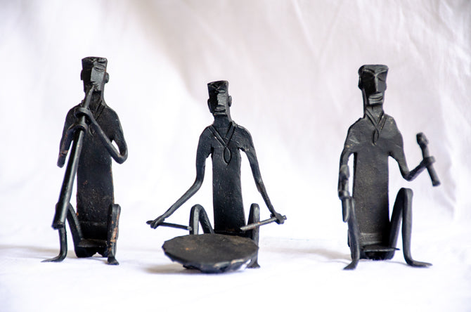 Ritual Ensemble - Modern Tribal Musician Sculpture, Matte Black Metal Art, Cultural Collectible Decor, Handmade Musician Trio.