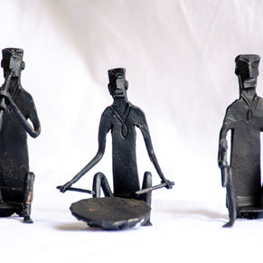 Ritual Ensemble - Modern Tribal Musician Sculpture, Matte Black Metal Art, Cultural Collectible Decor, Handmade Musician Trio.