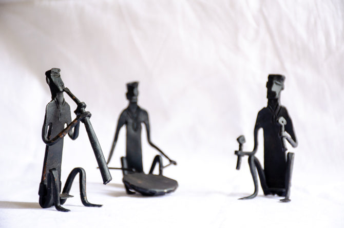 Ritual Ensemble - Modern Tribal Musician Sculpture, Matte Black Metal Art, Cultural Collectible Decor, Handmade Musician Trio.