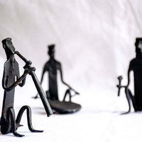 Ritual Ensemble - Modern Tribal Musician Sculpture, Matte Black Metal Art, Cultural Collectible Decor, Handmade Musician Trio.