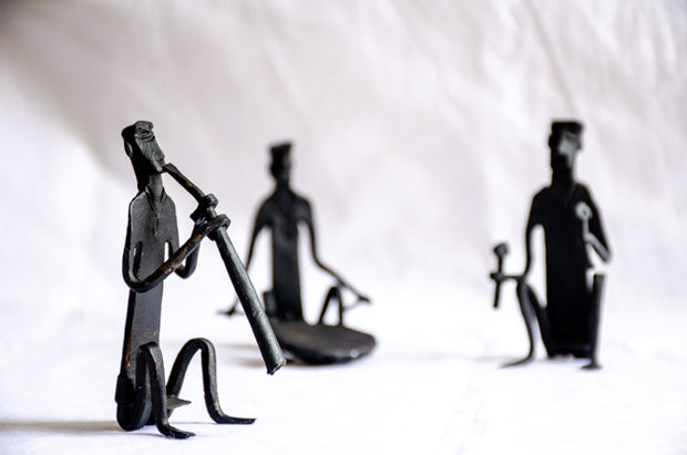 Ritual Ensemble - Modern Tribal Musician Sculpture, Matte Black Metal Art, Cultural Collectible Decor, Handmade Musician Trio.