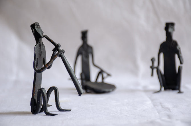 Ritual Ensemble - Modern Tribal Musician Sculpture, Matte Black Metal Art, Cultural Collectible Decor, Handmade Musician Trio.