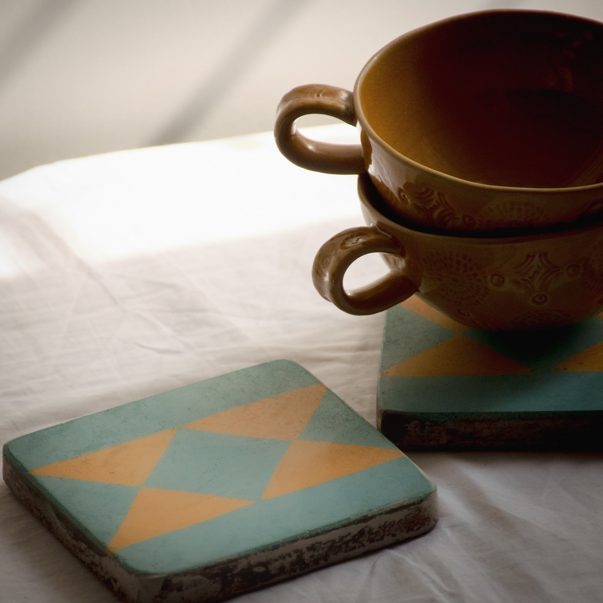 Athangudi Tiles - Teal & Mustard - Set of 2