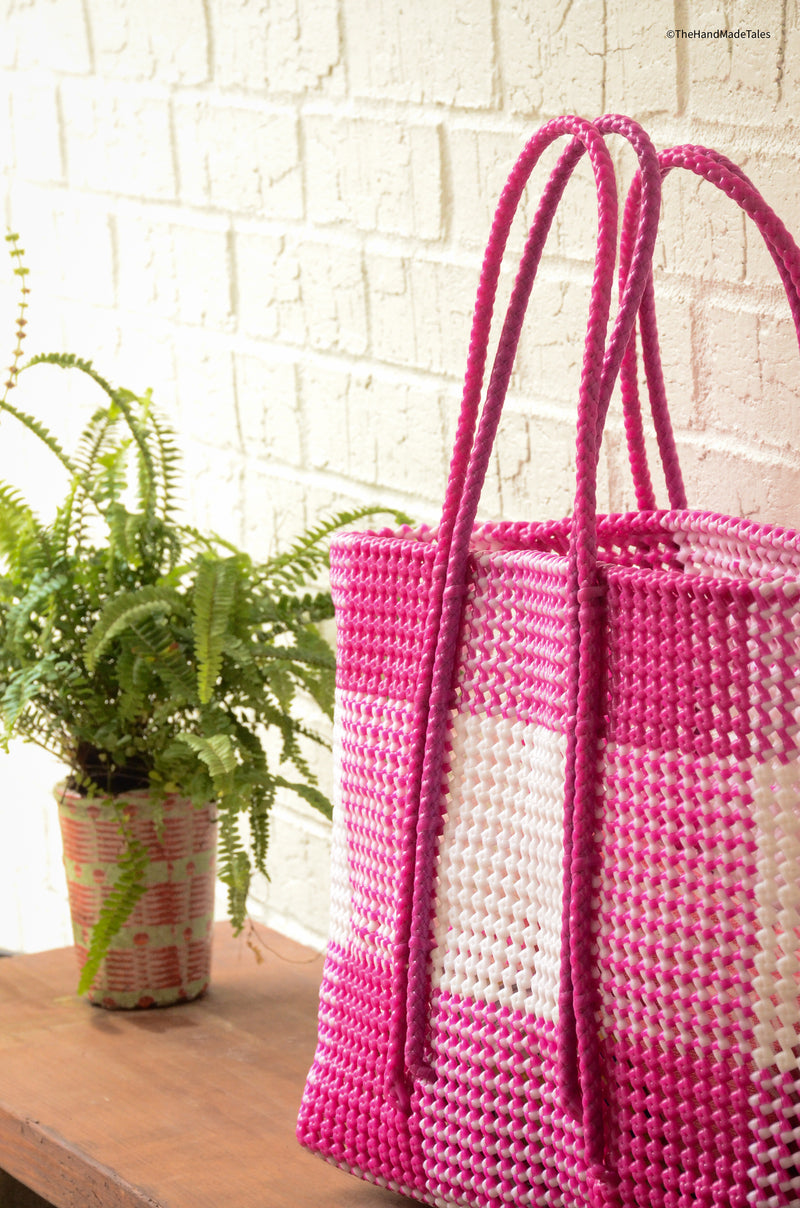 Pink Checkers - Large Market bag, South Indian Wire Koodai